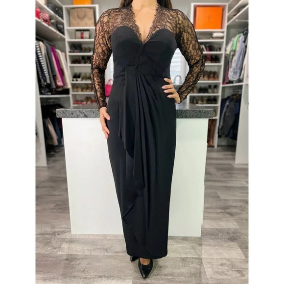 Catherine Malandrino Black Lace Full Sleeved Wrap Gown $330 - Picture 2 of 11
